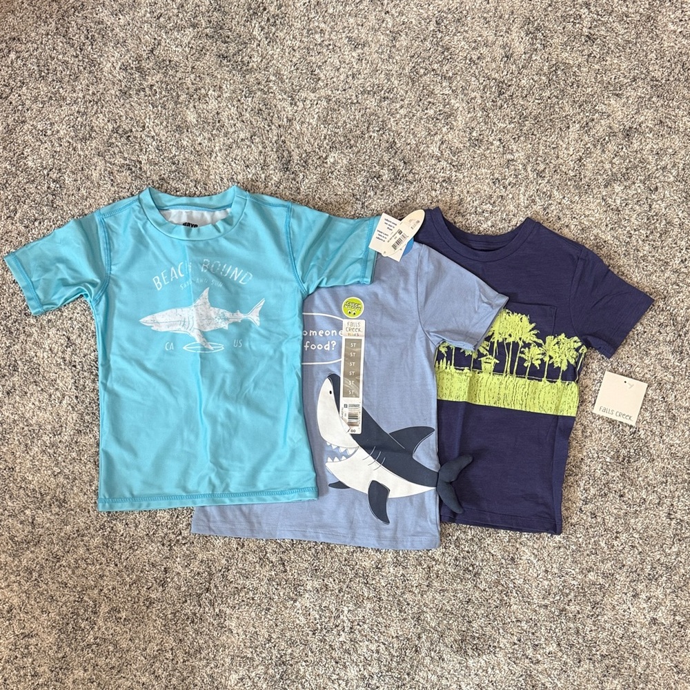 BUNDLE OF NEW: Falls Creek Boys Swim Top & Short Sleeve Tee Trio – Blue, Navy
